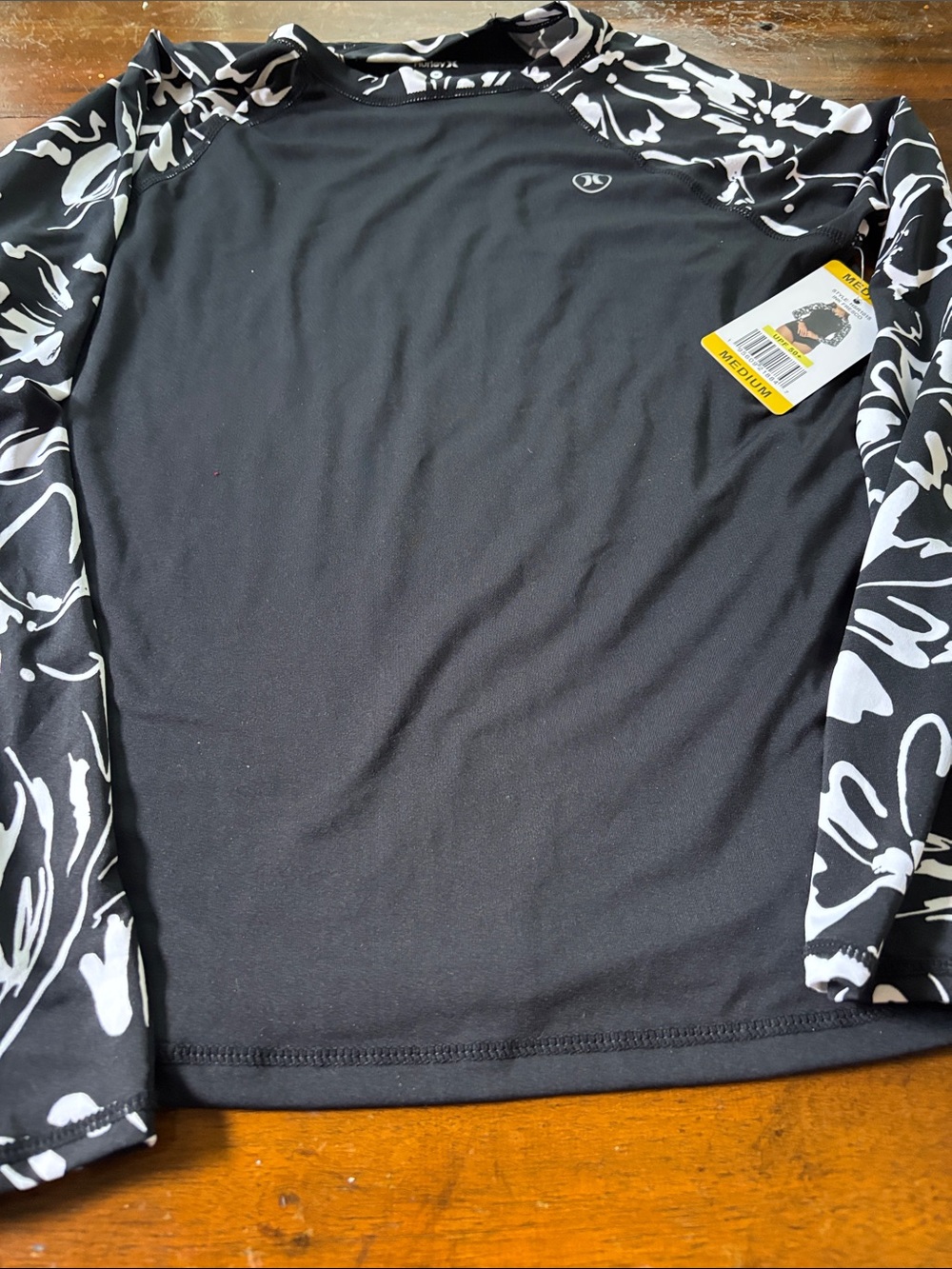 Hurley Black Rash Guard with White Floral Sleeves